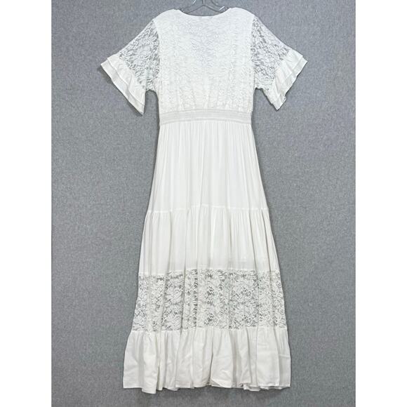 Simplee Lace Maxi Dress Size L SS V Neck Lined Destination Beach Wedding Bridal - Picture 9 of 16